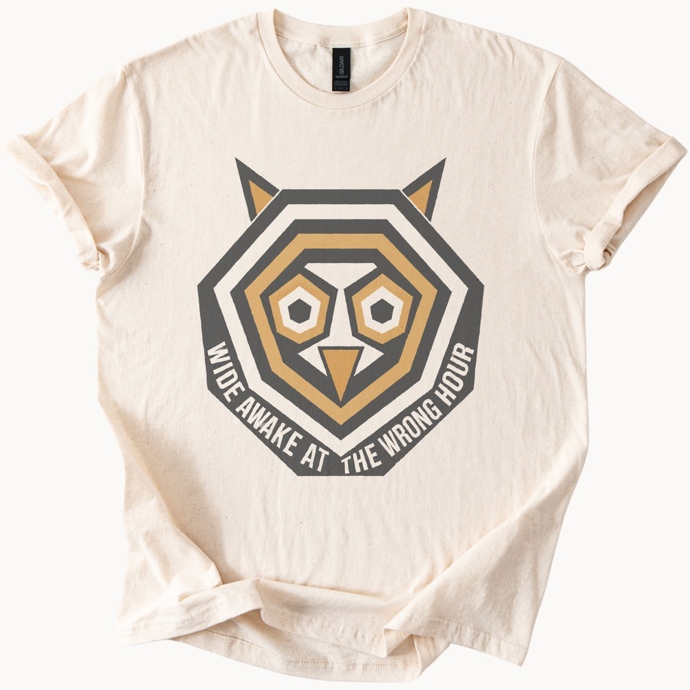 Wide Awake at the Wrong Hour Geometric Owl Badge Tee